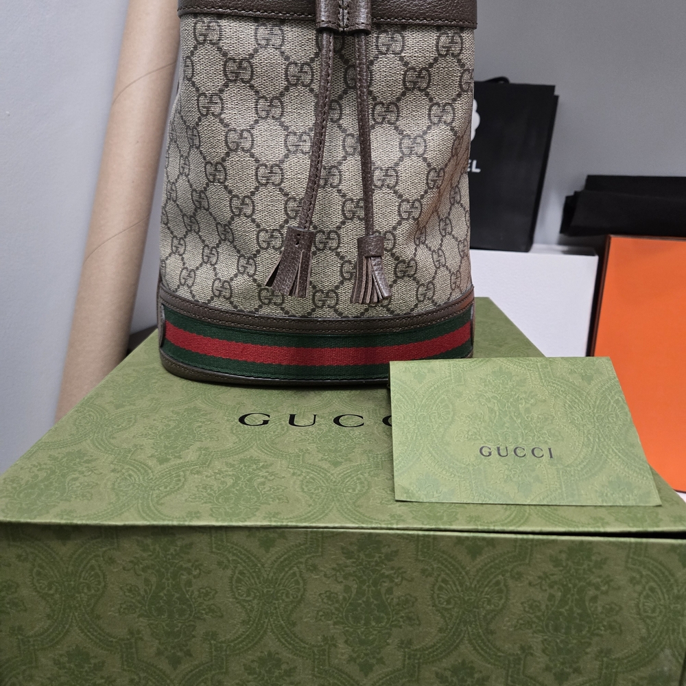 Gucci Beige Brown Monogram GG Canvas Drawstring Crossbody with Green Red Web